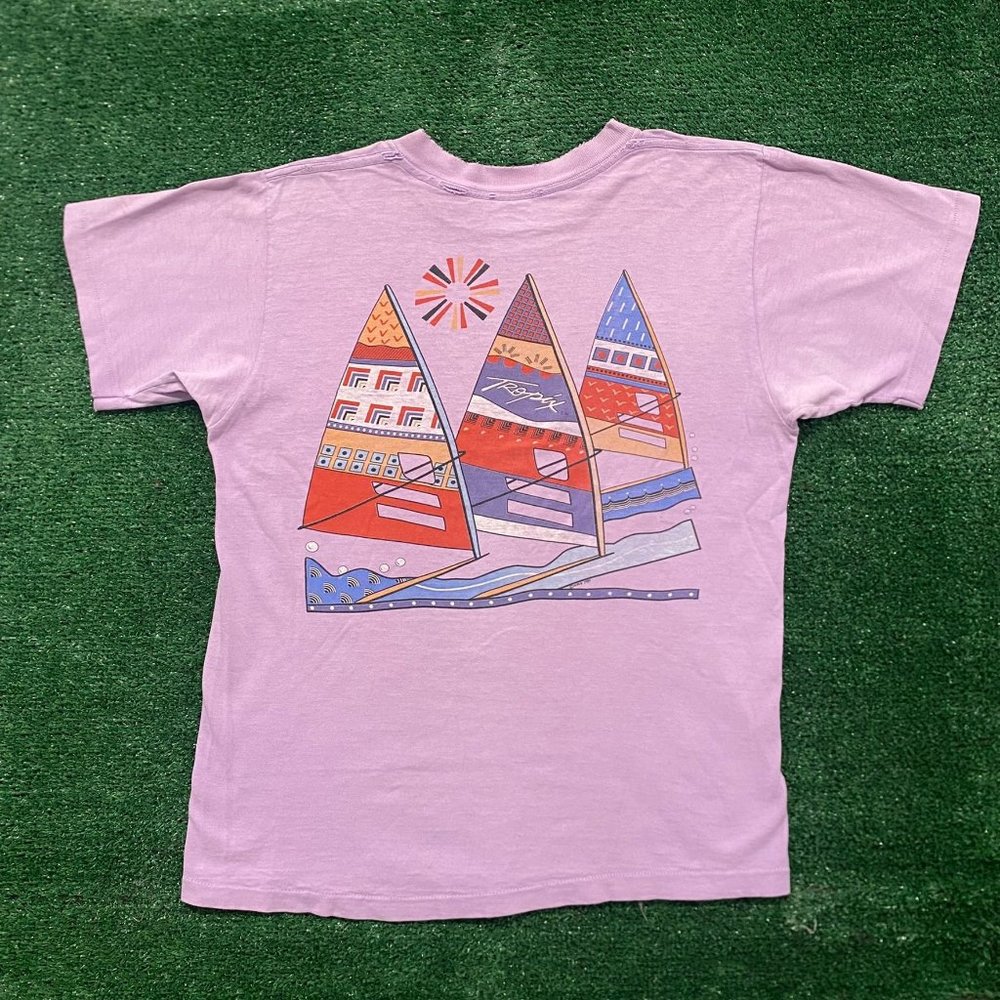 Vintage Pink Graphic Short Sleeve Tee with Multicolor Sailboat Print